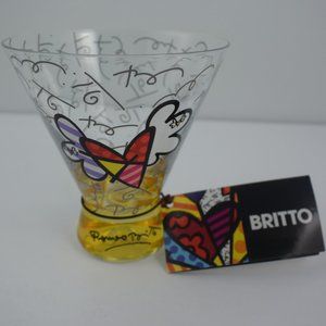 Romero Britto Short Martini Glass, Hearts Yellow Base, New with Tag & Sticker